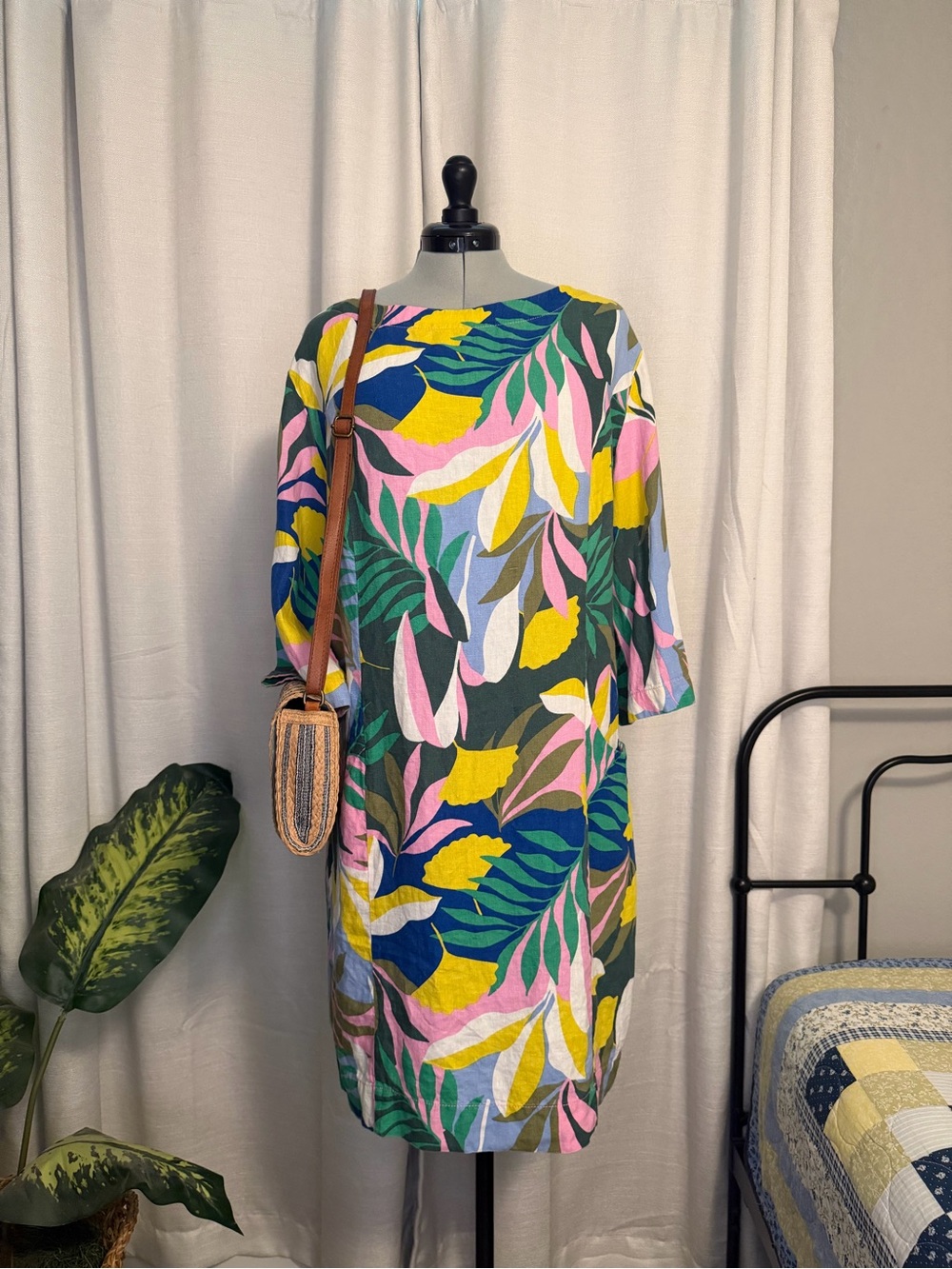 Boden Multicolor Tropical Leaf Linen Shift Dress — Size 12